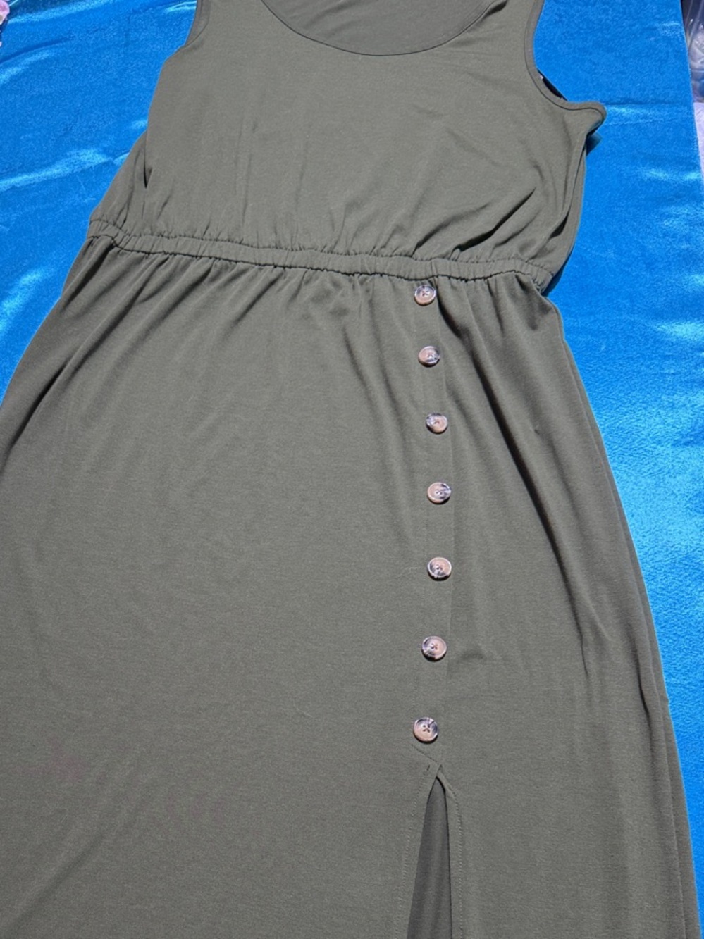 Nina Leonard Olive Green Sleeveless Maxi with Side Button Detail